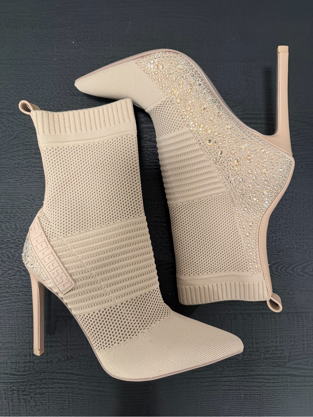 Steve Madden Knit Stiletto Booties in Beige with Crystal Accents